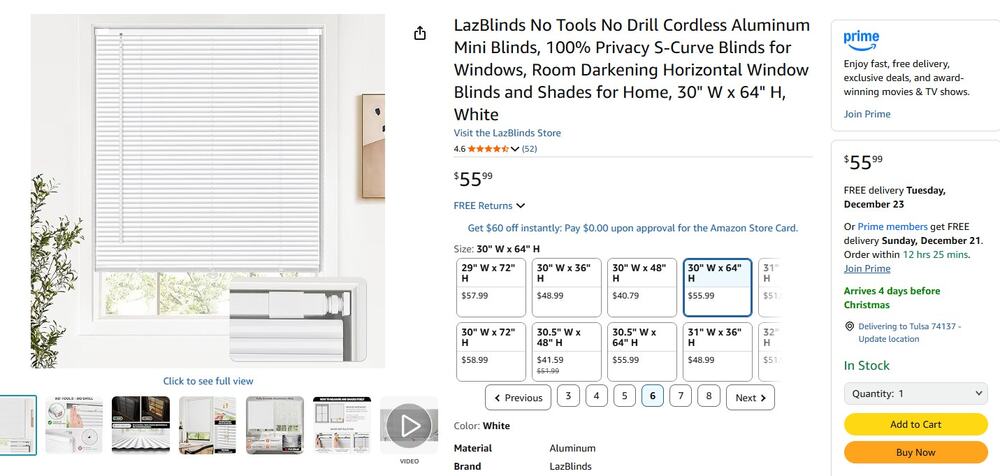 No Drill Cordless Aluminum Mini Blinds S-Curve Blinds Darkening  30" W x 64" H